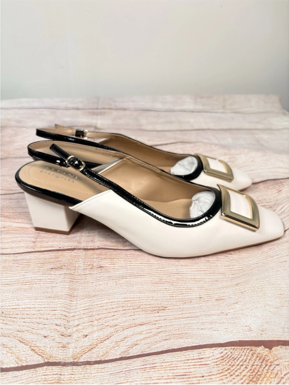 ALFANI Women's Sz 10M Cienna Slingback Block Heels White/Black Leather